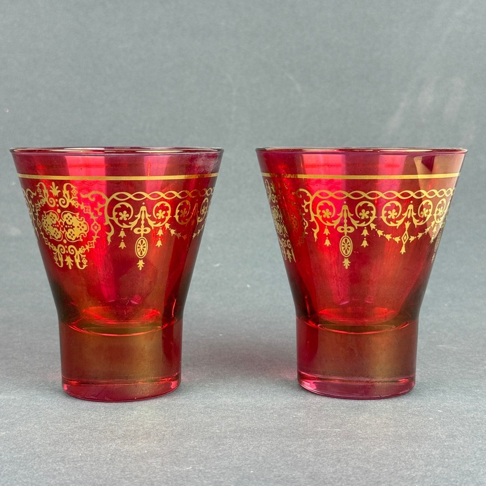 Timon Collezione Ruby Red Glass Tumblers Gold Gilt Floral Scroll Set of 2